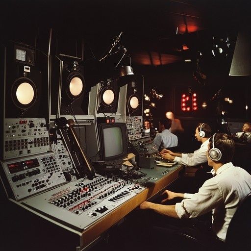 Radiostudio med mixerbord, bandspelare, högtalare och tekniker